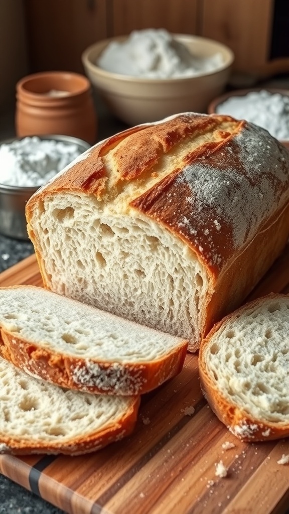 A golden-brown loaf of yeasted sourdough bread sliced to show its airy interior, on a wooden board with crumbs.